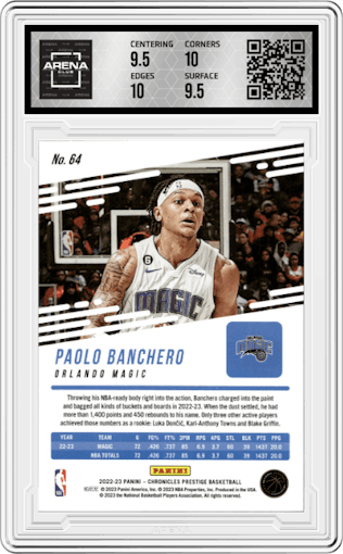 Paolo Banchero from the 2022-23 Panini Chronicles  set featuring a Asia Red parallel graded by Arena Club and given an overall grade of 10.