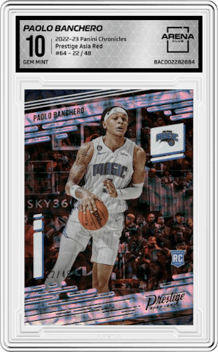 Paolo Banchero from the 2022-23 Panini Chronicles  set featuring a Asia Red parallel graded by Arena Club and given an overall grade of 10.