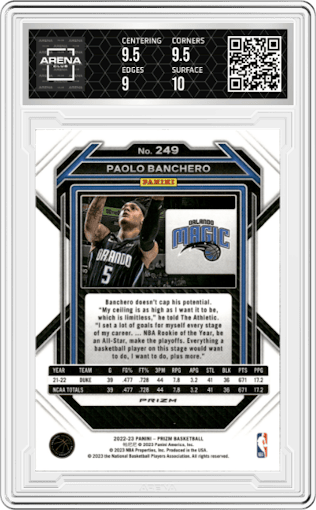 Paolo Banchero from the 2022-23 Panini Prizm  set featuring a Pink Ice parallel graded by Arena Club and given an overall grade of 9.5.