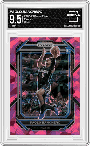 Paolo Banchero from the 2022-23 Panini Prizm  set featuring a Pink Ice parallel graded by Arena Club and given an overall grade of 9.5.