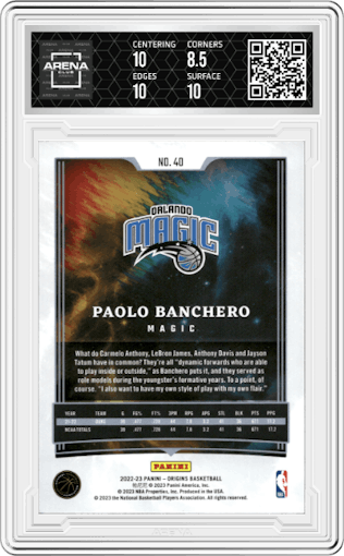 Paolo Banchero from the 2022-23 Panini Origins set featuring a Maroon  parallel graded by Arena Club and given an overall grade of 9.