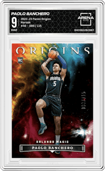 Paolo Banchero from the 2022-23 Panini Origins set featuring a Maroon  parallel graded by Arena Club and given an overall grade of 9.