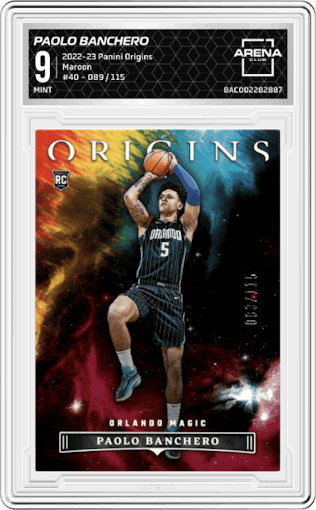Paolo Banchero from the 2022-23 Panini Origins set featuring a Maroon  parallel graded by Arena Club and given an overall grade of 9.