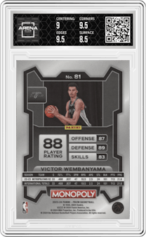 Victor Wembanyama from the 2023-24 Panini Prizm Monopoly set graded by Arena Club and given an overall grade of 9.