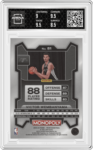 Victor Wembanyama from the 2023-24 Panini Prizm Monopoly set graded by Arena Club and given an overall grade of 9.