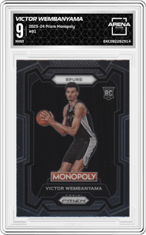 Victor Wembanyama from the 2023-24 Panini Prizm Monopoly set graded by Arena Club and given an overall grade of 9.