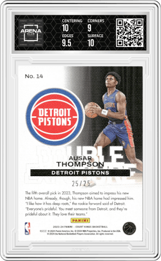 Ausar Thompson from the 2023-24 Panini Court Kings set featuring a Jade parallel graded by Arena Club and given an overall grade of 9.5.
