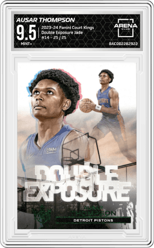 Ausar Thompson from the 2023-24 Panini Court Kings set featuring a Jade parallel graded by Arena Club and given an overall grade of 9.5.