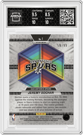 Jeremy Sochan from the 2022-23 Panini Mosaic set featuring a Purple Mosaic parallel graded by Arena Club and given an overall grade of 9.