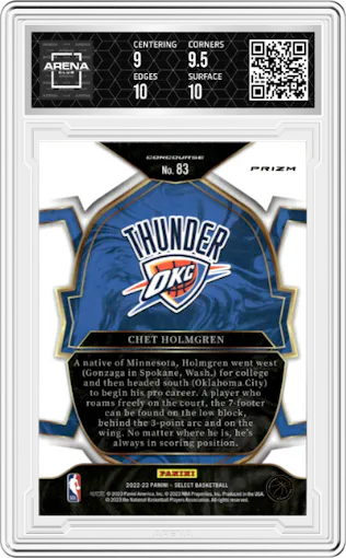 Chet Holmgren from the 2022-23 Panini Select set featuring a Orange Flash parallel graded by Arena Club and given an overall grade of 9.5.