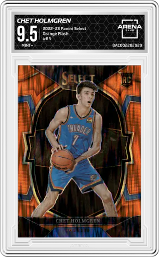Chet Holmgren from the 2022-23 Panini Select set featuring a Orange Flash parallel graded by Arena Club and given an overall grade of 9.5.