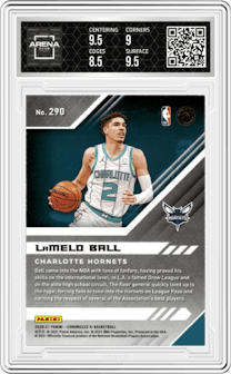 LaMelo Ball from the 2020-21 Panini Chronicles set featuring a Asia parallel graded by Arena Club and given an overall grade of 9.