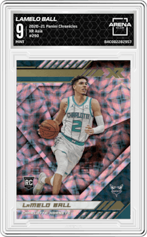 LaMelo Ball from the 2020-21 Panini Chronicles set featuring a Asia parallel graded by Arena Club and given an overall grade of 9.