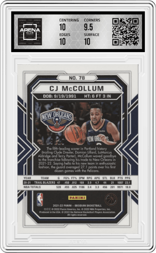 CJ McCollum from the 2021-22 Panini Obsidian set featuring a Electric Etch Yellow Flood parallel graded by Arena Club and given an overall grade of 10.