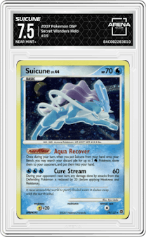 Suicune from the 2007 Pokemon D&P set graded by Arena Club and given an overall grade of 7.5.