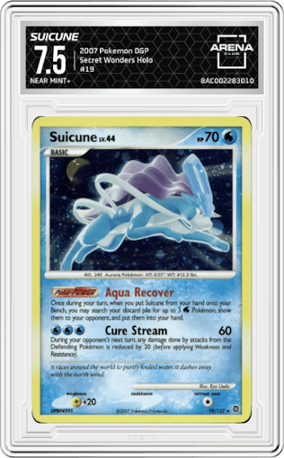 Suicune from the 2007 Pokemon D&P set graded by Arena Club and given an overall grade of 7.5.