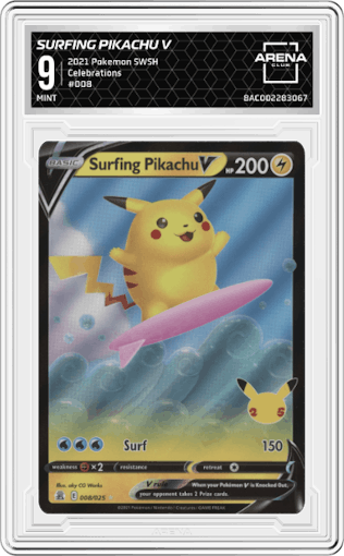 Surfing Pikachu V from the 2021 Pokemon SWSH set graded by Arena Club and given an overall grade of 9.