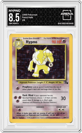 Hypno from the 1999 Pokemon set graded by Arena Club and given an overall grade of 8.5.