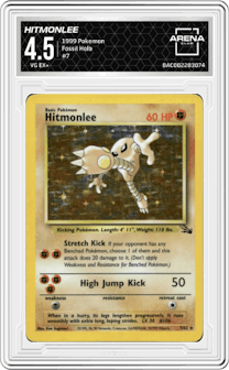 Hitmonlee from the 1999 Pokemon set graded by Arena Club and given an overall grade of 4.5.