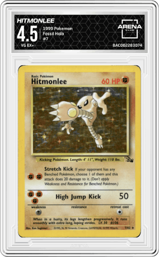 Hitmonlee from the 1999 Pokemon set graded by Arena Club and given an overall grade of 4.5.