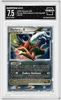 Darkrai Lv.X from the 2008 Pokemon D&P set featuring a Spring 2008 Collector's Tins parallel graded by Arena Club and given an overall grade of 7.5.