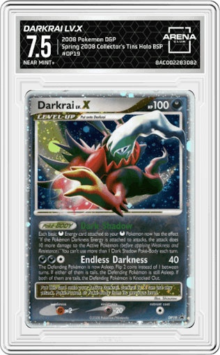 Darkrai Lv.X from the 2008 Pokemon D&P set featuring a Spring 2008 Collector's Tins parallel graded by Arena Club and given an overall grade of 7.5.
