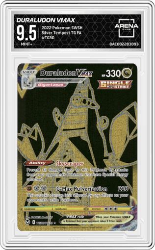 Duraludon VMAX from the 2022 Pokemon SWSH set graded by Arena Club and given an overall grade of 9.5.
