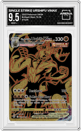 Single Strike Urshifu VMAX from the 2022 Pokemon SWSH set graded by Arena Club and given an overall grade of 9.5.