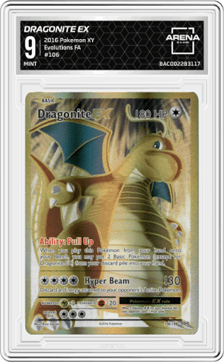 Dragonite EX from the 2016 Pokemon XY set graded by Arena Club and given an overall grade of 9.
