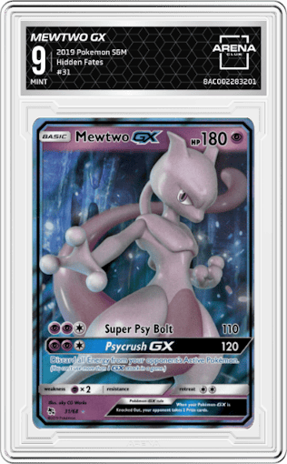 Mewtwo GX from the 2019 Pokemon S&M  set graded by Arena Club and given an overall grade of 9.