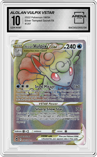 Alolan Vulpix VSTAR from the 2022 Pokemon SWSH set graded by Arena Club and given an overall grade of 10.