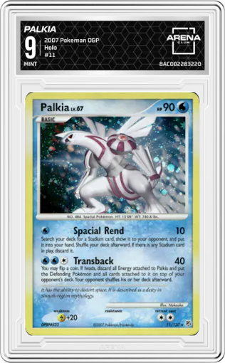 Palkia from the 2007 Pokemon D&P set graded by Arena Club and given an overall grade of 9.