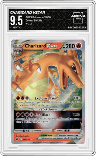 Charizard VSTAR from the 2023 Pokemon SWSH set graded by Arena Club and given an overall grade of 9.5.