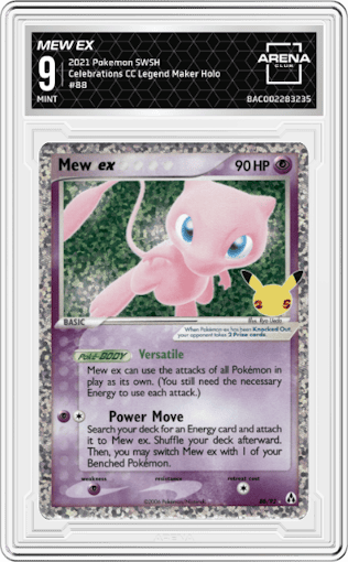Mew EX from the 2021 Pokemon SWSH set featuring a Legend Maker parallel graded by Arena Club and given an overall grade of 9.