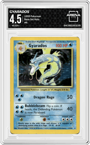 Gyarados from the 1999 Pokemon set graded by Arena Club and given an overall grade of 4.5.