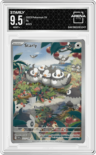 Starly from the 2023 Pokemon SV set graded by Arena Club and given an overall grade of 9.5.