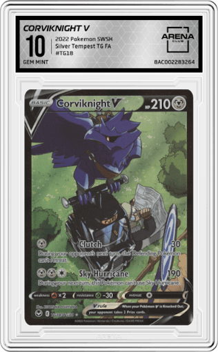 Corviknight V from the 2022 Pokemon SWSH set graded by Arena Club and given an overall grade of 10.
