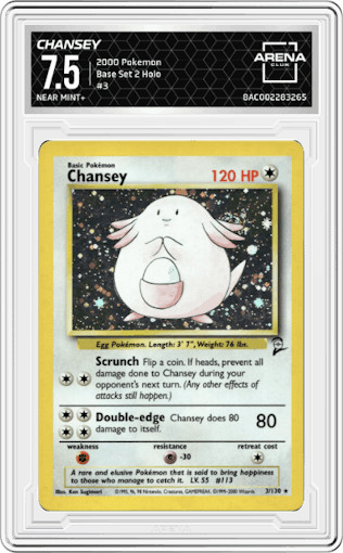 Chansey from the 2000 Pokemon set graded by Arena Club and given an overall grade of 7.5.