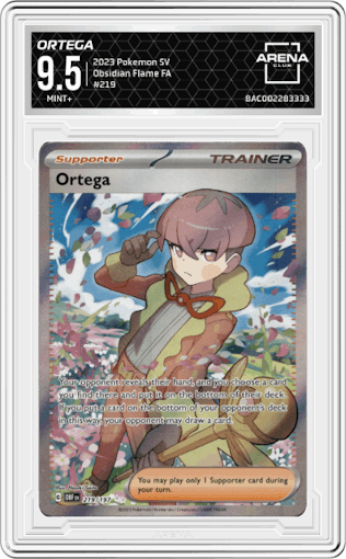 Ortega from the 2023 Pokemon SV set graded by Arena Club and given an overall grade of 9.5.