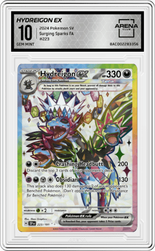 Hydreigon ex from the 2024 Pokemon SV set graded by Arena Club and given an overall grade of 10.