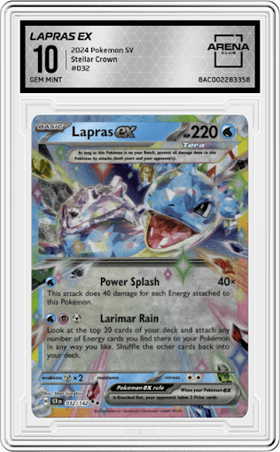 Lapras ex from the 2024 Pokemon SV set graded by Arena Club and given an overall grade of 10.
