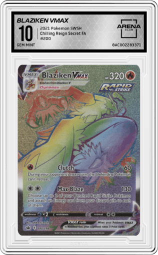 Blaziken VMAX from the 2021 Pokemon SWSH set graded by Arena Club and given an overall grade of 10.