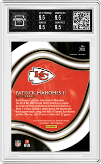 Patrick Mahomes II from the 2020 Panini Select set featuring a Die-Cut Red parallel graded by Arena Club and given an overall grade of 9.5.