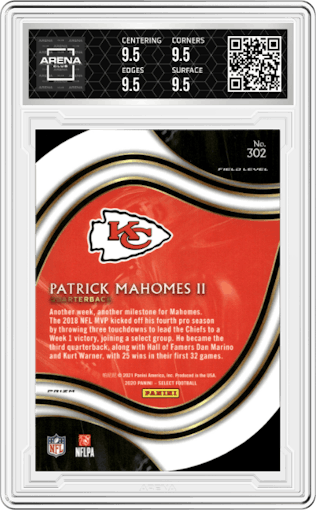 Patrick Mahomes II from the 2020 Panini Select set featuring a Die-Cut Red parallel graded by Arena Club and given an overall grade of 9.5.