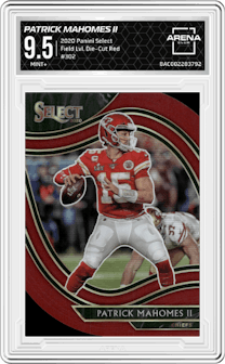 Patrick Mahomes II from the 2020 Panini Select set featuring a Die-Cut Red parallel graded by Arena Club and given an overall grade of 9.5.