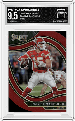 Patrick Mahomes II from the 2020 Panini Select set featuring a Die-Cut Red parallel graded by Arena Club and given an overall grade of 9.5.