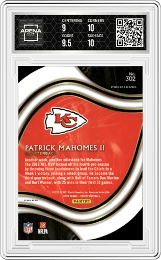 Patrick Mahomes II from the 2020 Panini Select set featuring a Die-Cut Purple parallel graded by Arena Club and given an overall grade of 9.5.