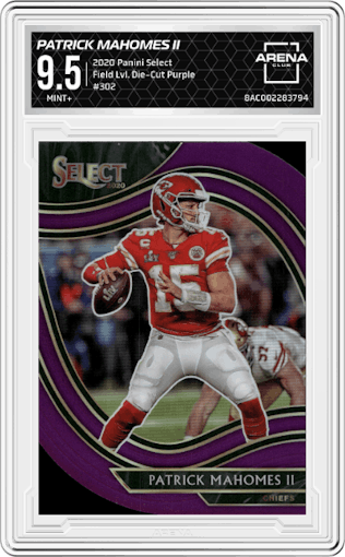 Patrick Mahomes II from the 2020 Panini Select set featuring a Die-Cut Purple parallel graded by Arena Club and given an overall grade of 9.5.