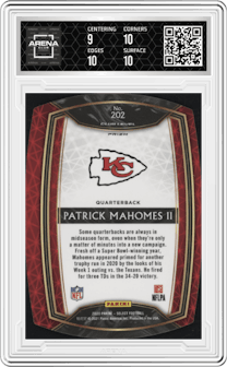 Patrick Mahomes II from the 2020 Panini Select set featuring a Die-Cut White parallel graded by Arena Club and given an overall grade of 9.5.