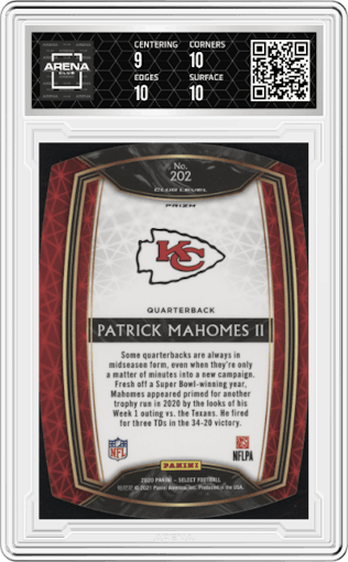 Patrick Mahomes II from the 2020 Panini Select set featuring a Die-Cut White parallel graded by Arena Club and given an overall grade of 9.5.